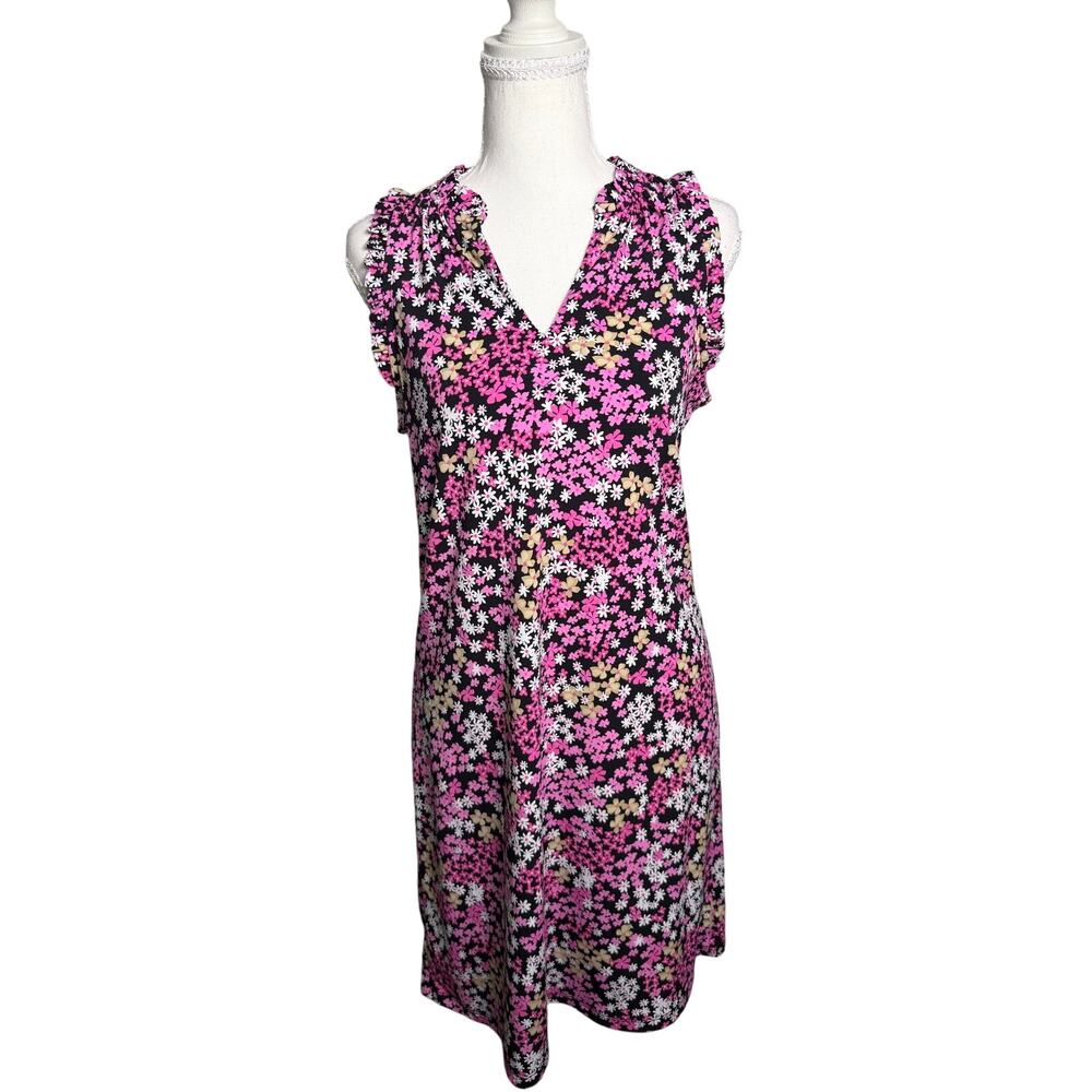 Michael Kors Floral Ruffle Shoulder Stretch Dress Black Pink Small